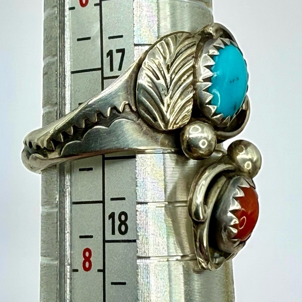 Native American Navajo Sterling Silver Turquoise & Coral Ring – Signed MAC-Leaf - Picture 12 of 17